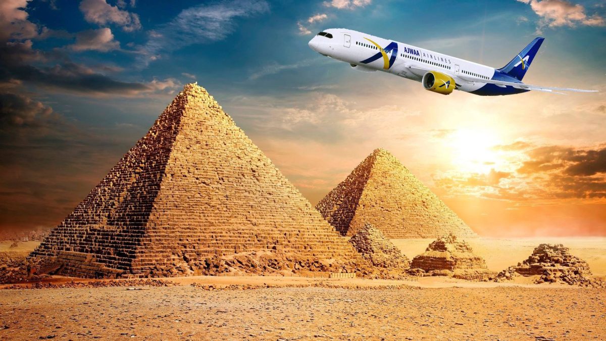 Giza Pyramids and an airplane illustrating the Cairo day trip from Sharm El Sheikh