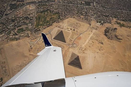 Aerial view of the Giza Pyramids from an airplane