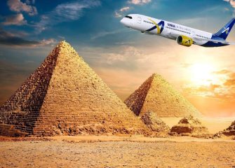 Giza Pyramids and an airplane illustrating the Cairo day trip from Sharm El Sheikh