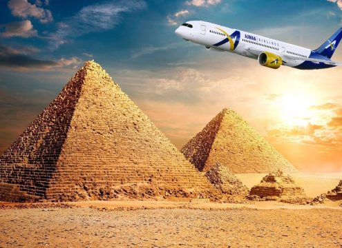 Giza Pyramids and an airplane illustrating the Cairo day trip from Sharm El Sheikh